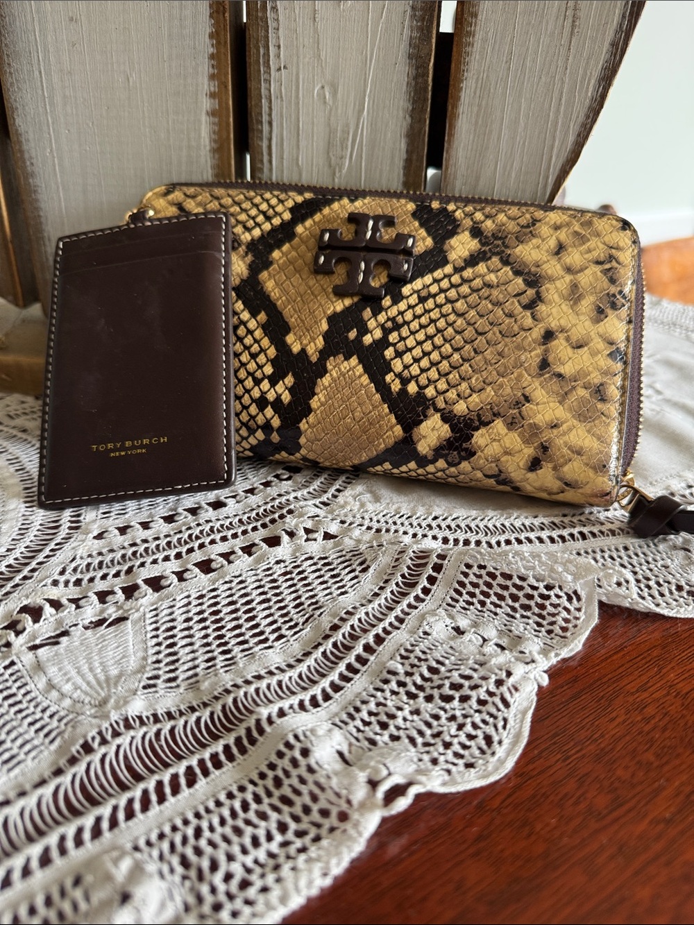 Tory Burch Yellow and Brown Snake-Print Zip Wallet with Logo Card Holder